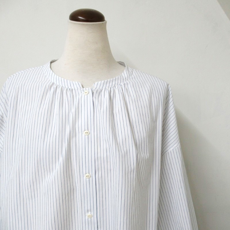 Parkes  袖口シャーリングストライプブラウス /WH3 【日本製】